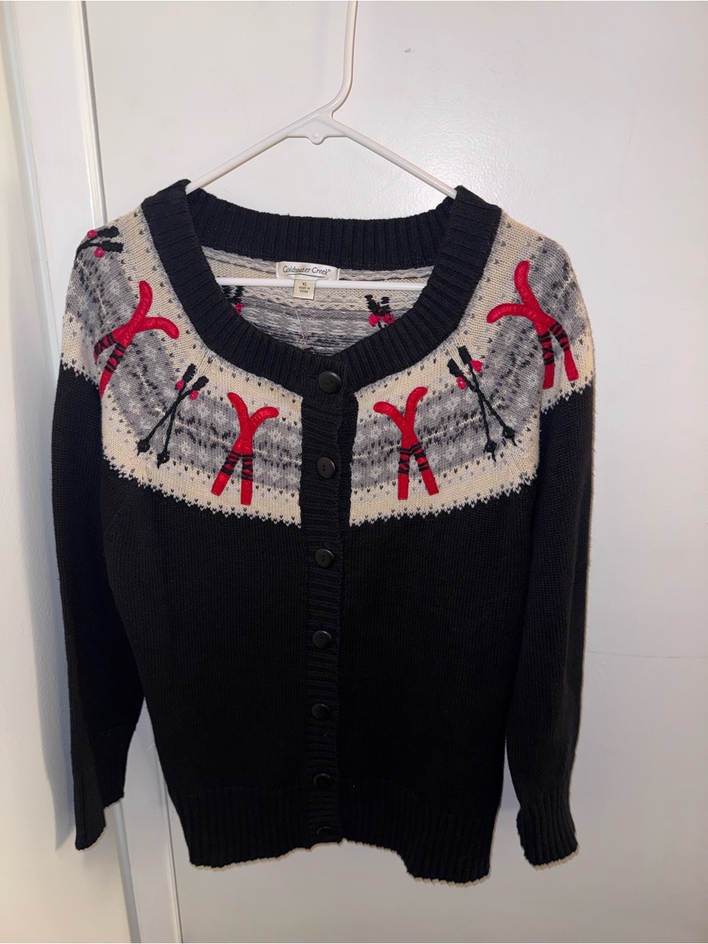 Coldwater Creek Black Cardigan with Cream Yoke and Red Ski Motif